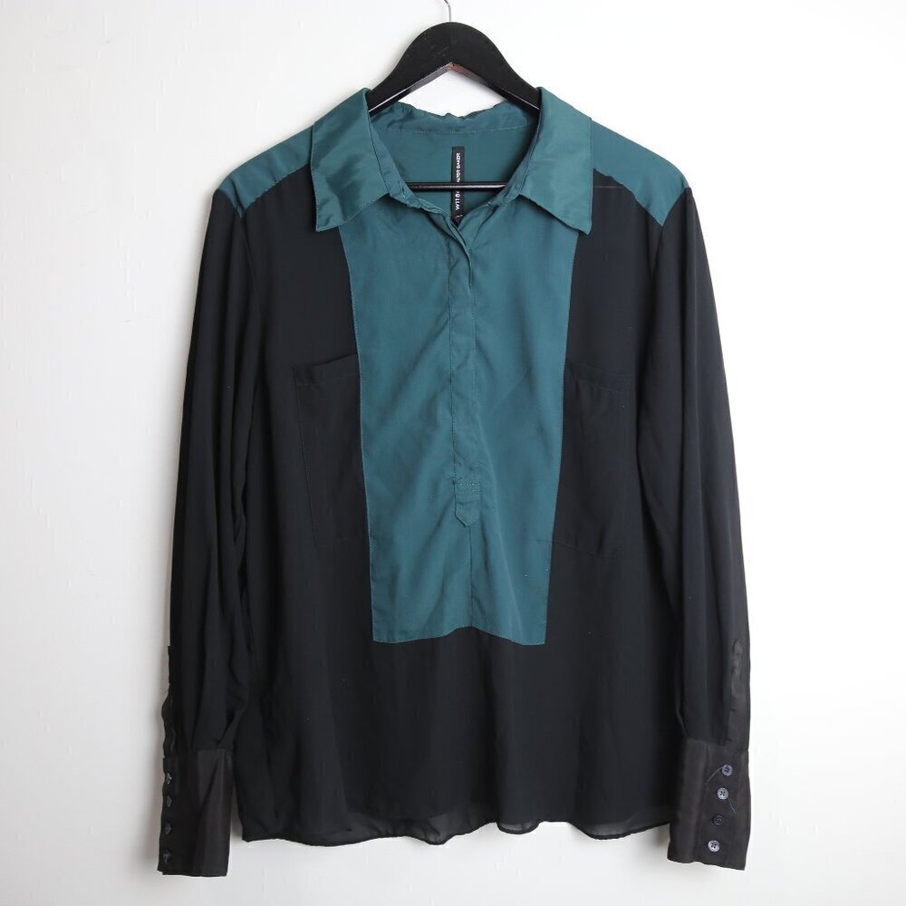 W118 By Walter Baker Contrast Green Black Long Sleeve Blouse Size Large